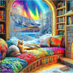Northern Lights Landscape Jigsaw Puzzle (1000 Pieces) | Fantasy Fairy Cat Book Room Theme | For Adults & Teens
